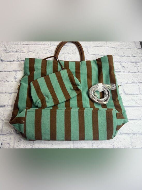Anthropologie Handbags - Anthropologie Teal and Brown Striped Shoulder Tote with Wristlet. Artsy.